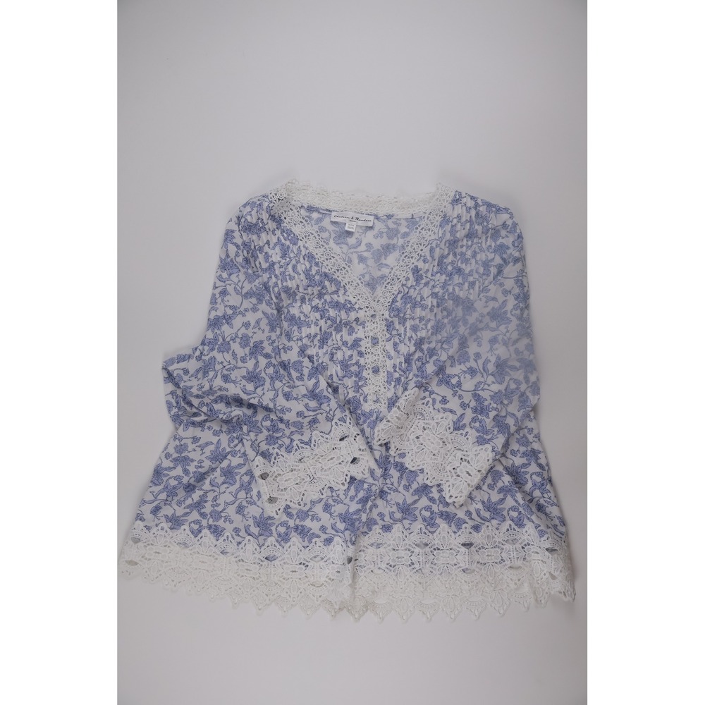 Chelsea & Theodore Womens Blouse Blue Floral Lace Trim Pintuck 2X Excellent